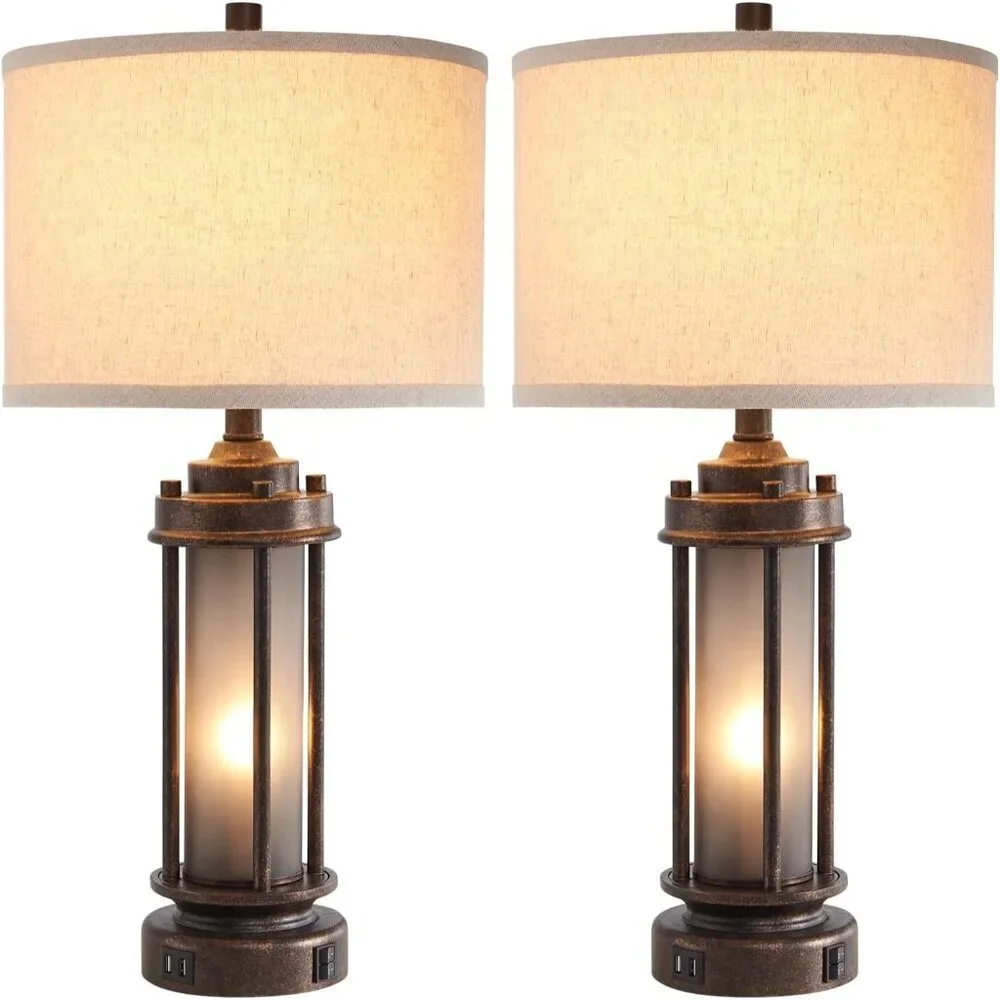 Set Of 2 Farmhouse Living Room Rustic Vintage Bedroom Nightstand Table Lamp